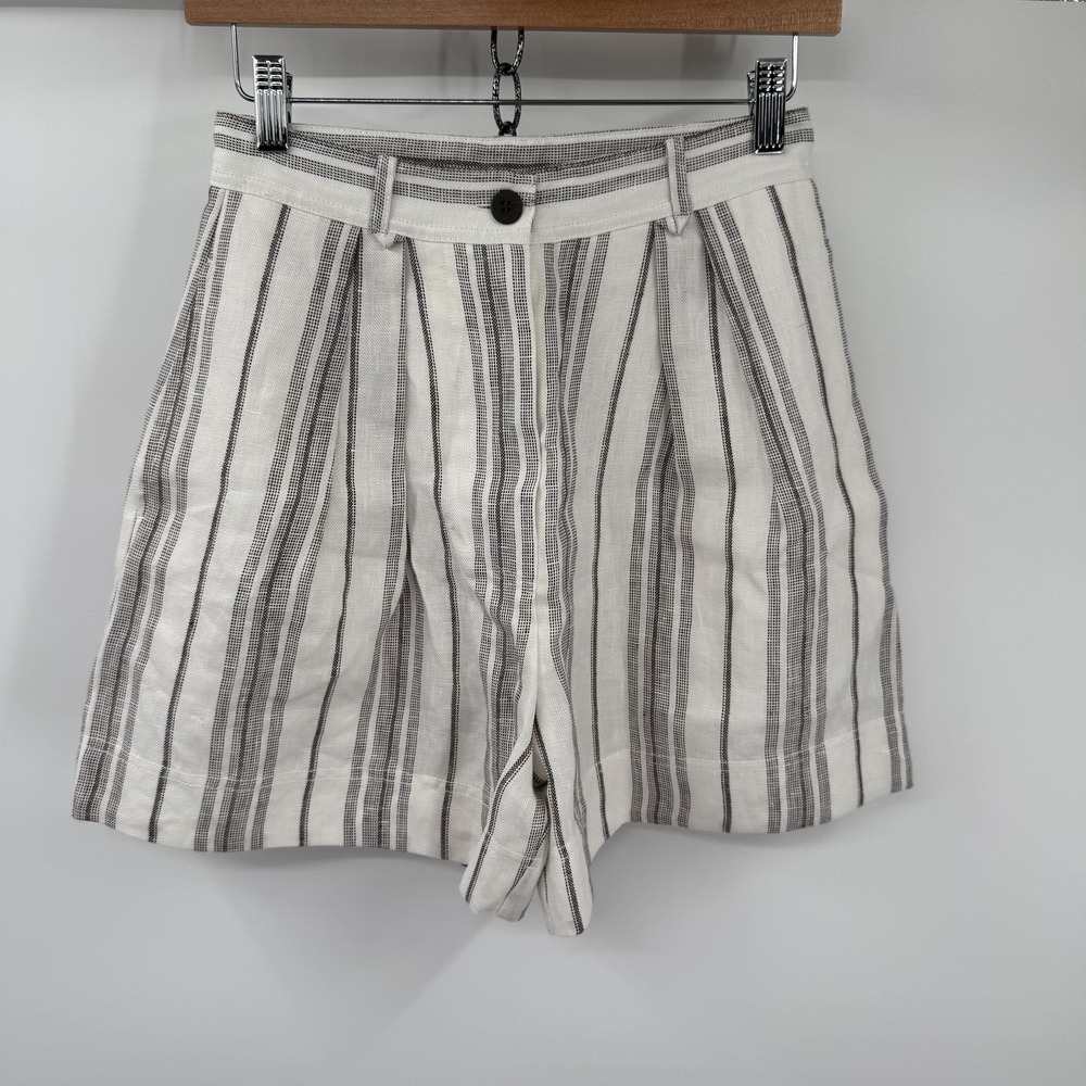 Lee Mathews Womens Linen Dallas Shorts 0 White Coco Striped Pleated Coastal
